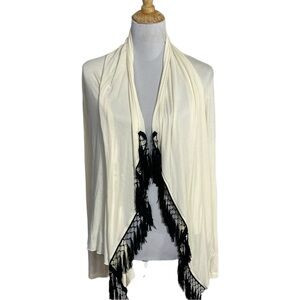 NWT Green Dragon For Boston Proper Cream W/ Black Fringe Rayon Stretch Cardigan